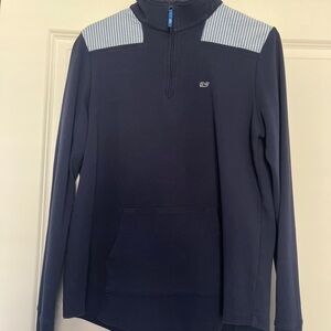 Vineyard Vines Navy jersey Quarter-Zip with Light Blue seersucker size medium